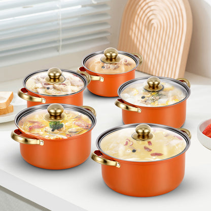 Stainless Steel Pots Sets 10-Piece, Kitchen Cookware Set Saucepan with Glass Lid Stockpot Soup Pot with 2 Ear Handle For Cooking Dishwasher, Orange