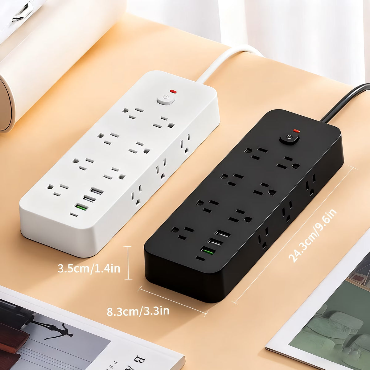 9.8ft Power Strip Surge Protector with 14 AC Outlets and 4 USB Ports for Home Office Dorm Essential, 1875W/15A Flat Plug Desktop Charging Station w/ Wall Mountable, Overload Protection, Black