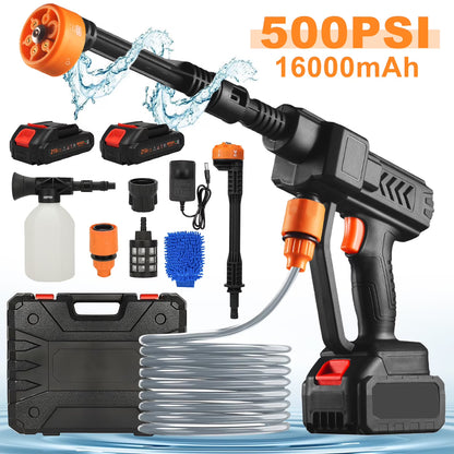 16000mAh 21V Cordless Pressure Washer with 2 Rechargeable Batteries, 16.4FT Water Pipe and 6 In 1 Nozzles Car Power Cleaner Machine, 500PSI