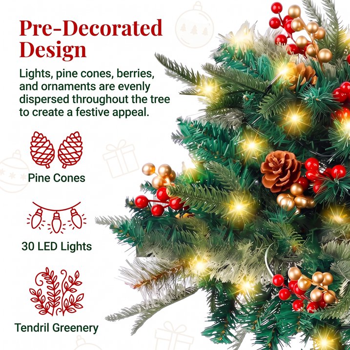 2 Pack Pathway Christmas Tree, Battery Operated Pre-Lit Artificial Small Xmas Tree Urn Filler w/LED Lights Berries and Pine Cones Ornaments for Porch, Driveway, Yard Festival Holiday Decorations