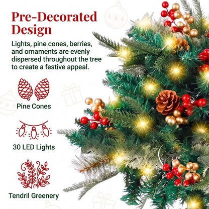 2 Pack Pathway Christmas Tree, Battery Operated Pre-Lit Artificial Small Xmas Tree Urn Filler w/LED Lights Berries and Pine Cones Ornaments for Porch, Driveway, Yard Festival Holiday Decorations