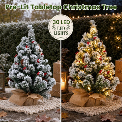 20 inch Prelit Snow Flocked Christmas Tree with Light, Small Artificial Tabletop Xmas Trees with Red Berries, Pinecones and Cloth Bag Base, Indoor Table Centerpieces Xmas Home Holiday Decorations
