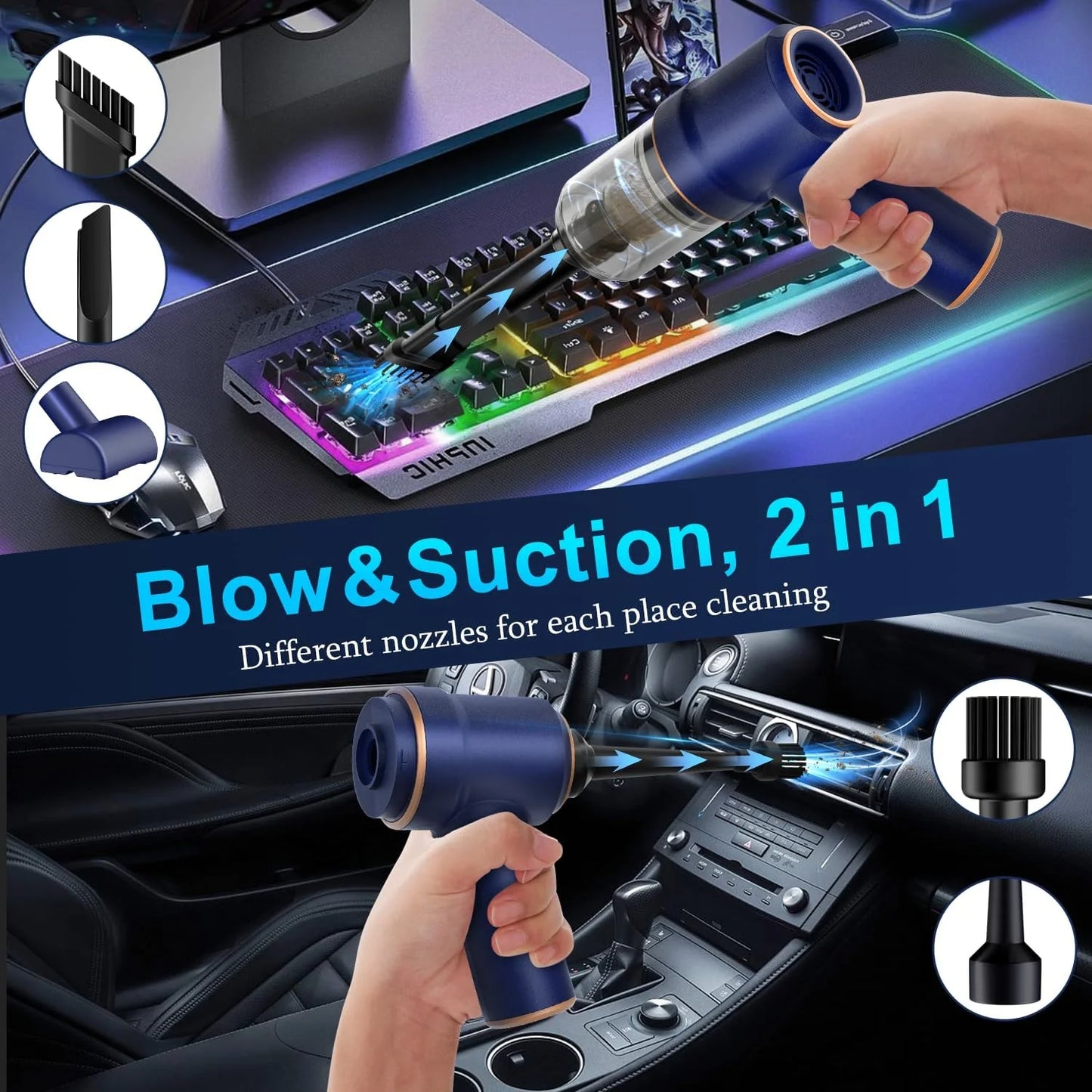 8000Kpa Car Vacuum Cleaner, Rechargeable Portable Handheld Vacuum, Inflator&Cleaning
