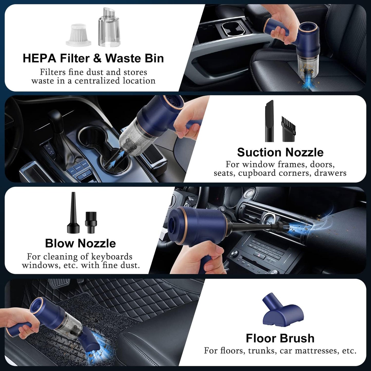 8000Kpa Car Vacuum Cleaner, Rechargeable Portable Handheld Vacuum, Inflator&Cleaning