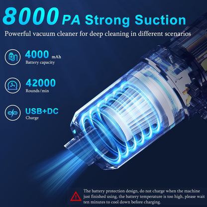 8000Kpa Car Vacuum Cleaner, Rechargeable Portable Handheld Vacuum, Inflator&Cleaning