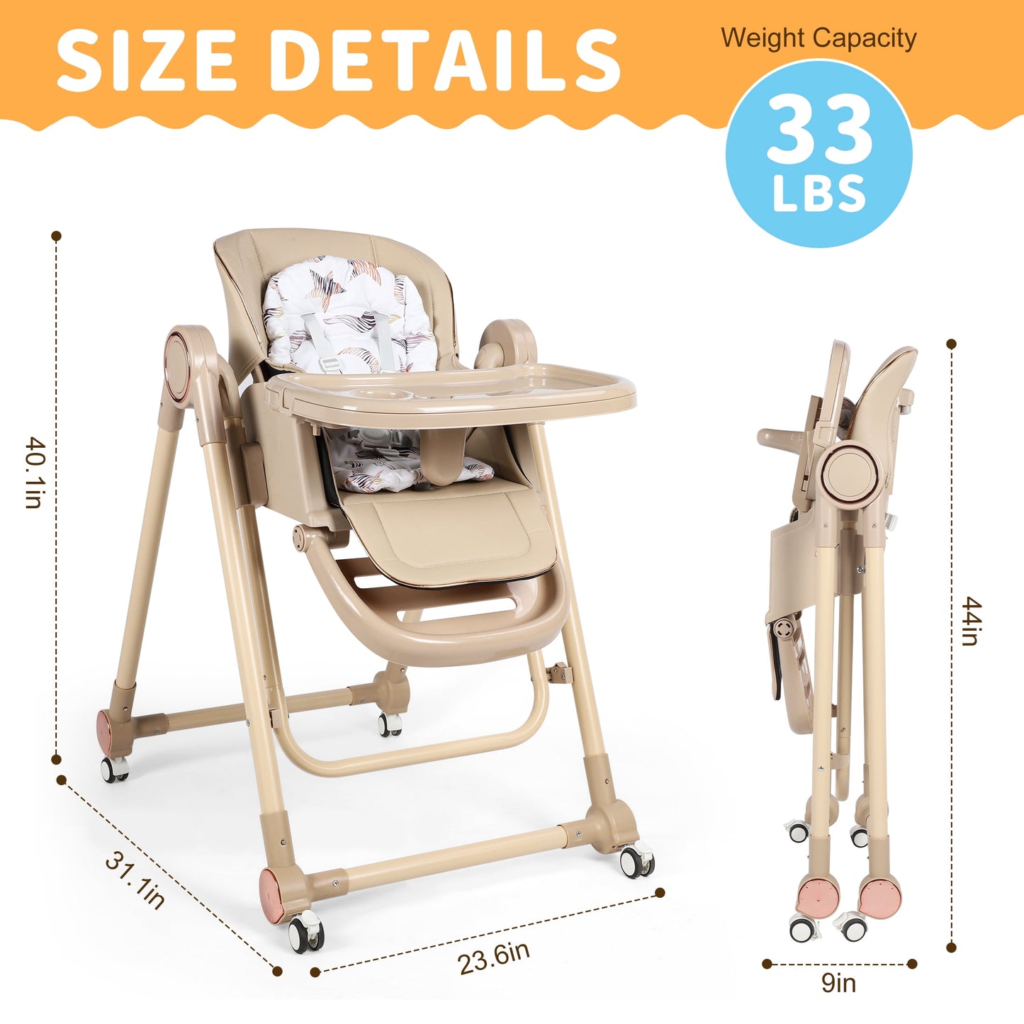 Loewten 3-in-1 Baby High Chair,Convertible Baby Swing,Foldable Infant Dining Chairs Seat with Wheels for Babies and Toddlers,Brown