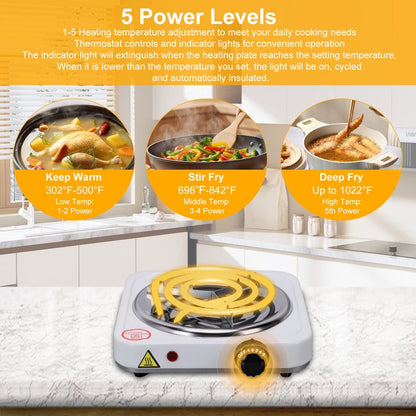 Electric Countertop Single Burner, 1000W Cooktop with 6" Stainless Steel Coil Hot Plate, 5 Level Temperature Control, Indicator Light, Compact Cooking Stove and Easy to Clean, Whtie