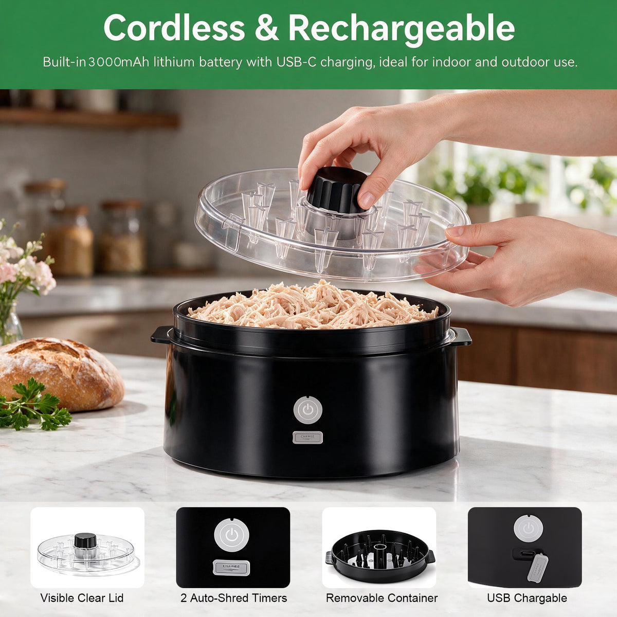Electric Chicken Shredder, Rechargeable Automatic Meat Breast Shredder Tool, Kitchen Grinder Machine with 2 Timer Modes for Pork, Beef, Chicken, Salads, Pet Food, Dishwasher Safe