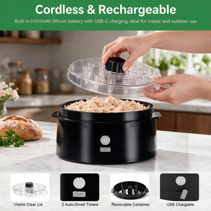 Electric Chicken Shredder, Rechargeable Automatic Meat Breast Shredder Tool, Kitchen Grinder Machine with 2 Timer Modes for Pork, Beef, Chicken, Salads, Pet Food, Dishwasher Safe