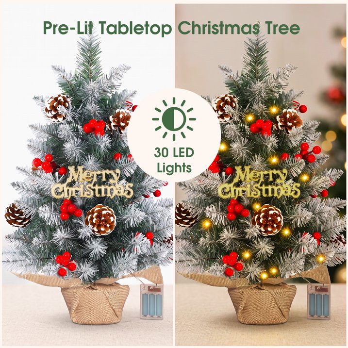 Mini Artificial Xmas Tree Set Small Tabletop Xmas Tree with Red Berries Pine Cones Lights Holiday Home Decoration