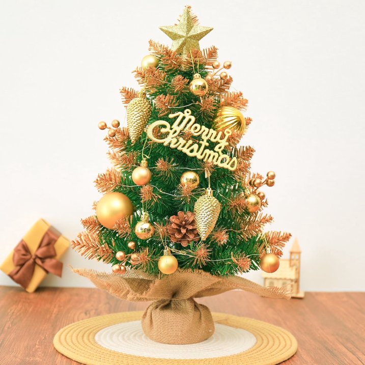 Mini Christmas Tree Tabletop Set with LED Lights, Artificial Small Christmas Tree with Star Treetop, Berries Pinecone, Ball Ornaments, DIY Xmas Decorations for Home Office and Indoor Festive Displays
