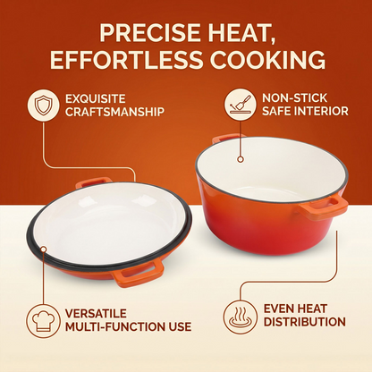 2 in 1 Cast Iron Dutch Oven Pot with Skillet Lid, 6+2qt Pre-Seasoned Multipurpose Cookware for baking, braising, and stewing, Orange