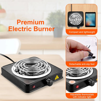 Electric Hot Plate for Cooking, 1000W Electric Burner with 5 Level Temperature Control, Portable Stove for Home Dorm Office Kitchen Camping Single Burner Stainless Steel Electric Cooktop, Black