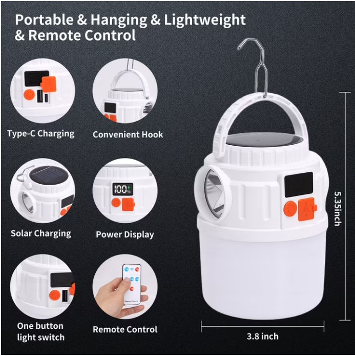 Solar Camping Lantern Dual Light Source LED Rechargeable Emergency Light with Digital Display Portable Hook for Hiking Outdoor