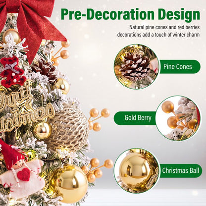 45cm Snow Flocked Mini Xmas Tree with Lights/Base Pinecones Red Berries Artificial Tabletop Xmas Tree for Festive Home Decor Golden