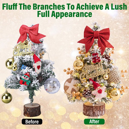 45cm Snow Flocked Mini Xmas Tree with Lights/Base Pinecones Red Berries Artificial Tabletop Xmas Tree for Festive Home Decor Golden