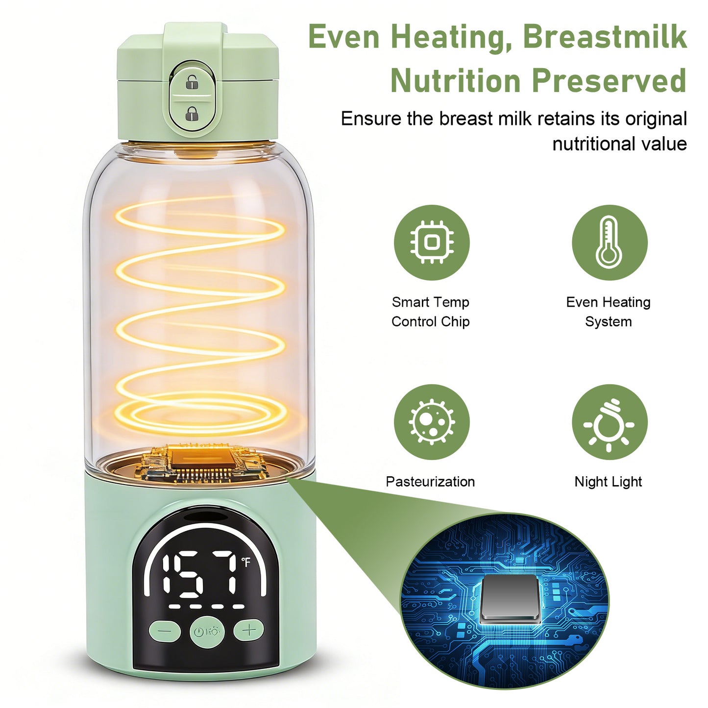 Portable Milk Warmer for Travel – Adjustable Temperature for Breast Milk & Water,Baby Bottle Warmer with Night Light, 17 Ounces,Green
