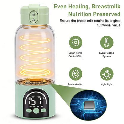 Portable Milk Warmer for Travel – Adjustable Temperature for Breast Milk & Water,Baby Bottle Warmer with Night Light, 17 Ounces,Green