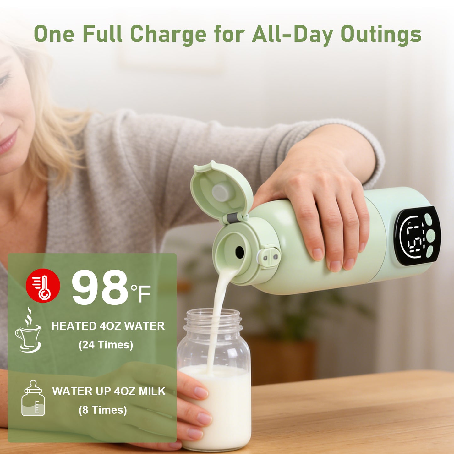 Portable Milk Warmer for Travel – Adjustable Temperature for Breast Milk & Water,Baby Bottle Warmer with Night Light, 17 Ounces,Green