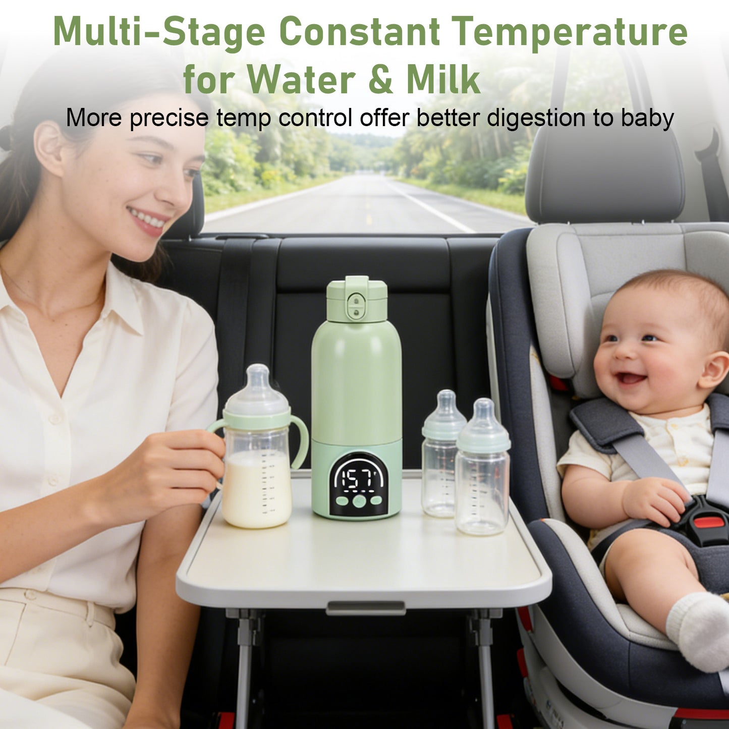 Portable Milk Warmer for Travel – Adjustable Temperature for Breast Milk & Water,Baby Bottle Warmer with Night Light, 17 Ounces,Green
