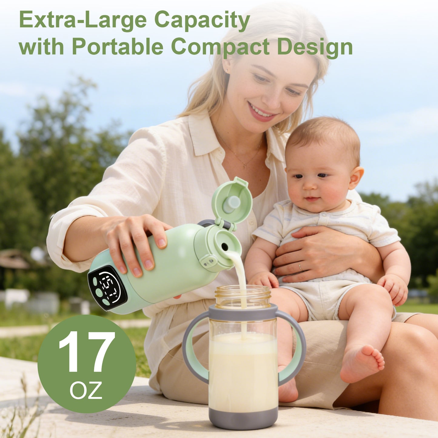 Portable Milk Warmer for Travel – Adjustable Temperature for Breast Milk & Water,Baby Bottle Warmer with Night Light, 17 Ounces,Green