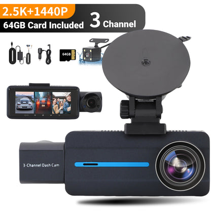 3 Channel Dash Cam, Front Rear 4K/2.5K+1440P 3.16" Full HD with Wi-Fi & 64GB Card Car Dashboard Recorder IPS Screen ,Night Vision Wide Angle, G-Sensor, 24H Parking, Loop Recording