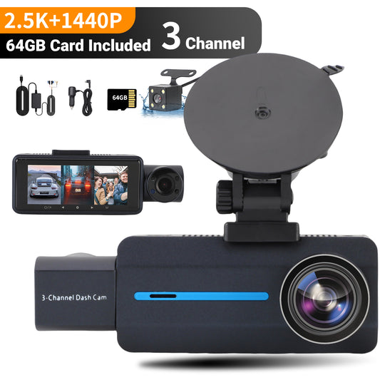 3 Channel Dash Cam, Front Rear 4K/2.5K+1440P 3.16" Full HD with Wi-Fi & 64GB Card Car Dashboard Recorder IPS Screen ,Night Vision Wide Angle, G-Sensor, 24H Parking, Loop Recording