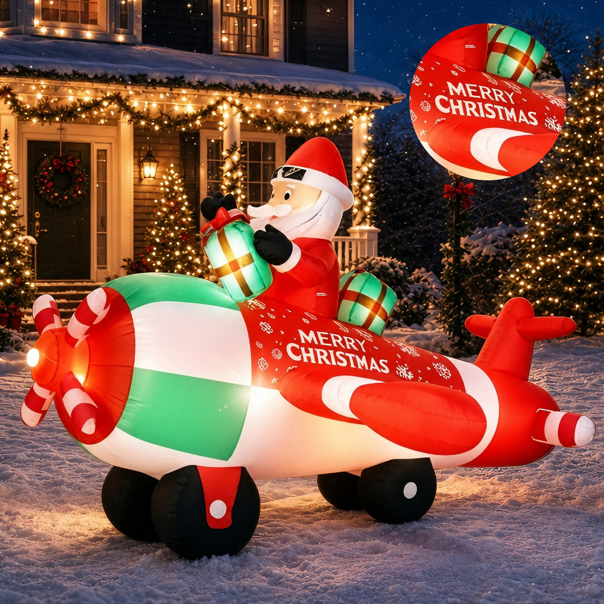9FT Christmas Inflatables Airplane Outdoor Decorations Santa Claus on Flying Helicopter Built-in LED Lights Xmas Inflatable Blow Up Christmas Yard Decor