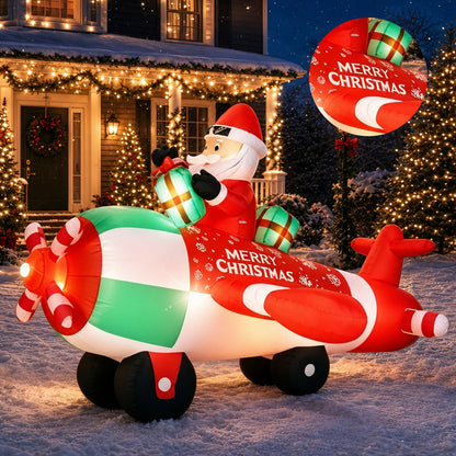 9FT Christmas Inflatables Airplane Outdoor Decorations Santa Claus on Flying Helicopter Built-in LED Lights Xmas Inflatable Blow Up Christmas Yard Decor