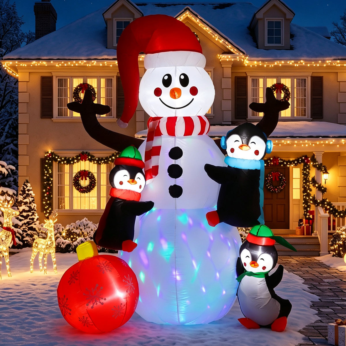 6FT Christmas Inflatable Outdoor Decoration, Snowman with Penguin and Red Ball, Navidad Blow Up Yard Decor with Built-in LED Light for Lawn, Garden, Party