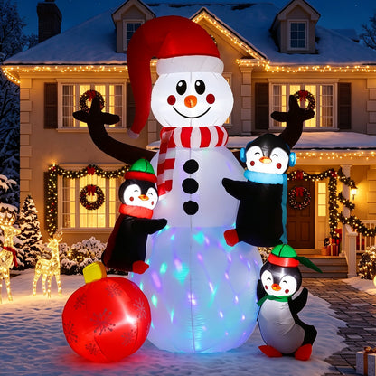 6FT Christmas Inflatable Outdoor Decoration, Snowman with Penguin and Red Ball, Navidad Blow Up Yard Decor with Built-in LED Light for Lawn, Garden, Party
