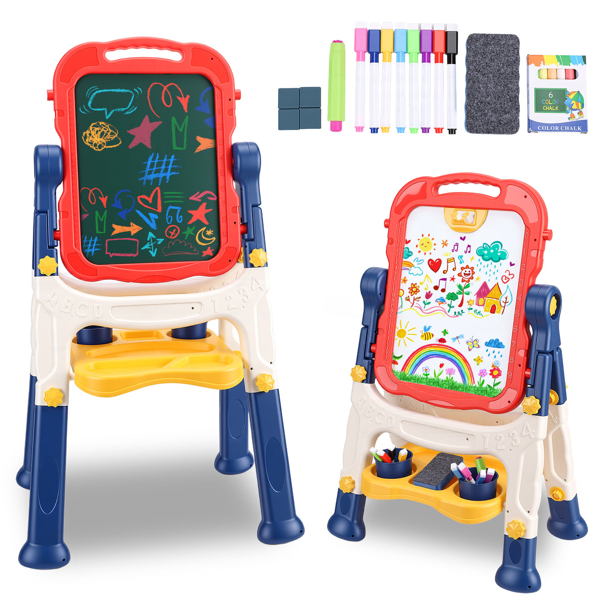 Art Easel for Kids, Adjustable Standing Rotatable Double Sided Easel with Painting Accessories for Toddlers Boys and Girls,Red