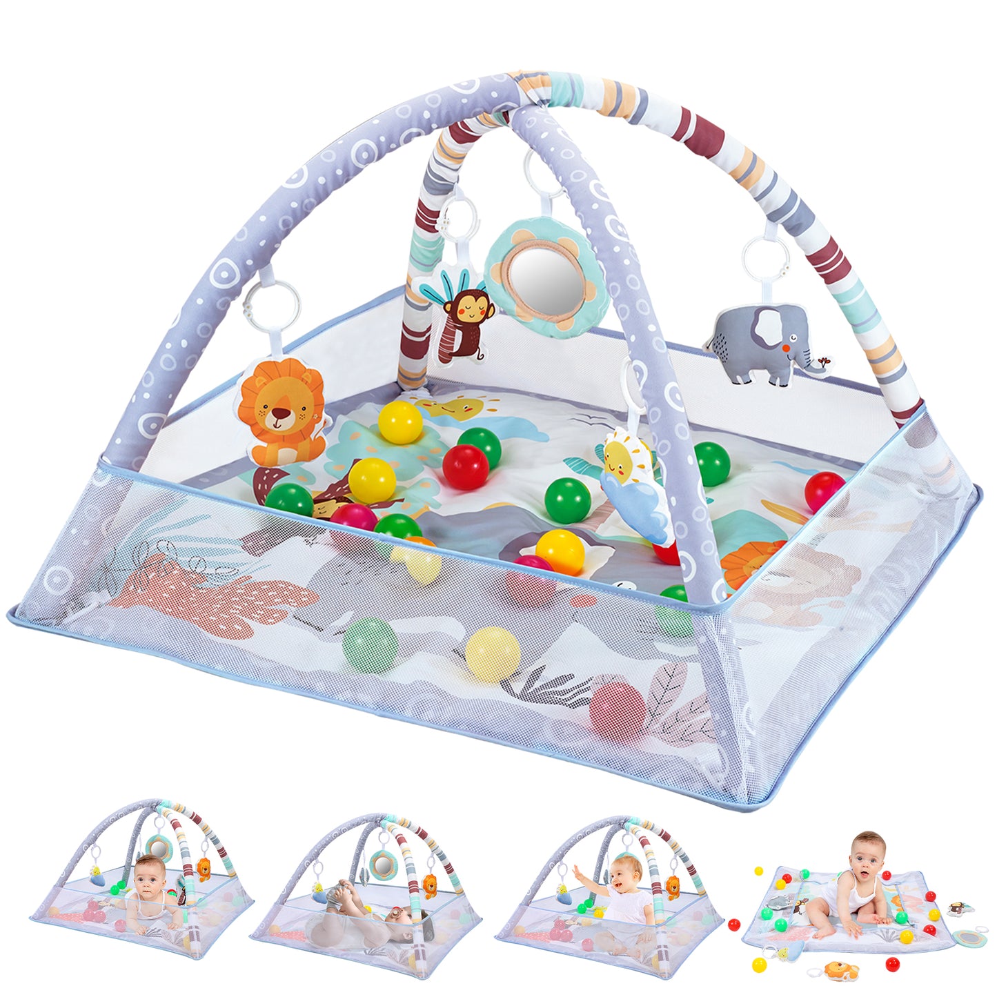 Baby Play Gym Mat with Ball Pit Activity Gym Center Motor Skill Development for Newborn Infant Baby Toddlers Gray