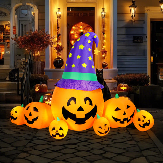 Halloween Inflatables Outdoor, 8FT Long Cute & Lighted Blow Up Decoration Pumpkin Family with Witch Hat, Large Halloween Inflatables Decorations with Lights for Yard, Holiday, Home