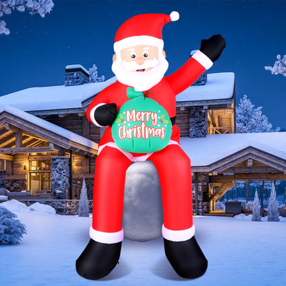 6 FT Christmas Inflatable Santa Claus with LED Lights, Blow Up Sitting Santa Claus with Gift Bag, Climbing Santa Carrying Present Sack Sitting On Roof, Xmas Yard Patio Bench Shrubs