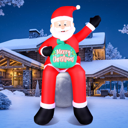 6 FT Christmas Inflatable Santa Claus with LED Lights, Blow Up Sitting Santa Claus with Gift Bag, Climbing Santa Carrying Present Sack Sitting On Roof, Xmas Yard Patio Bench Shrubs