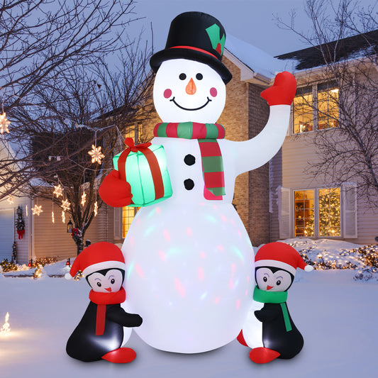 6.5FT Christmas Inflatable Snowman with Penguins Gift Box, Blowup Christmas Decoration with LED Lights for Holiday Party Xmas Yard Garden Decorations
