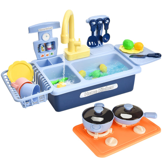 Working Play Sink with Running Water for Toddlers 1 2 3 4 Electric Kitchen Sink Playset with Play Cooking Stove, Pretend Food, 30pcs Accessories Toy Dishwasher