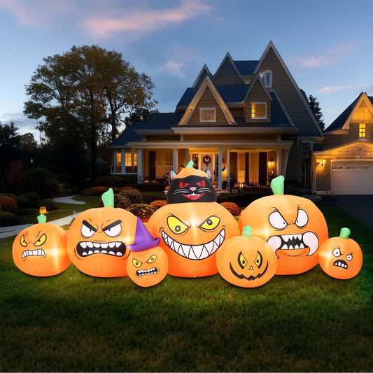 Inflatable Decoration 7 FT Long Inflatable 7 Pumpkins Patch Lanterns with Black Cat w/ Build-in LEDs Blow Up Inflatables for Thanksgiving Party Outdoor Garden Lawn Yard
