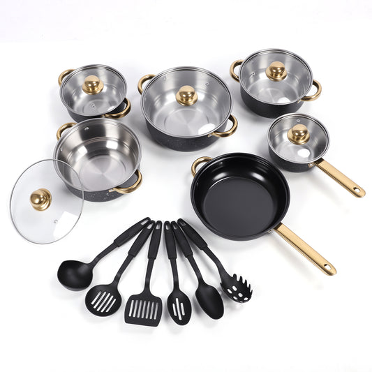 18 Piece Cookware Set, Kitchen Nonstick Pots and Pans Set with Glass Lid for Cooking, Induction & Dishwasher, Black