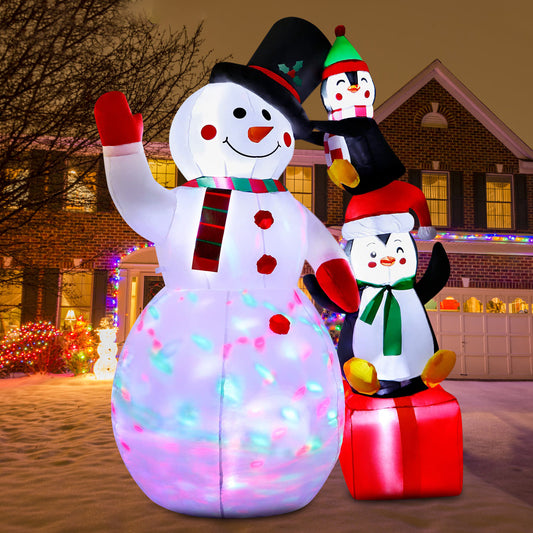 6FT Christmas Inflatables Outdoor Decorations Snowman with Penguins, Blow Up Snowman Penguins Inflatable with Colorful Rotating LED Lights for Christmas Indoor Outdoor Yard Garden