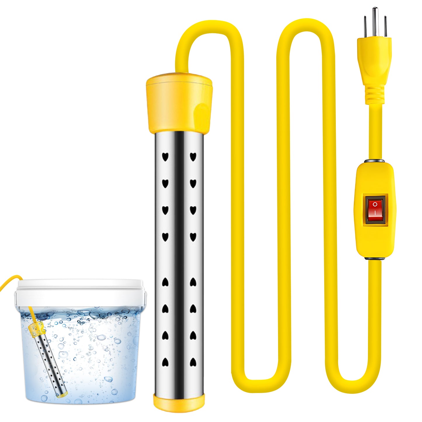 1500W Immersion Water Heater, Portable Bucket Heater with Switch & Auto Off Anti-scald Stainless Steel Protective Guard Indicator Light for Inflatable Pool Bathtub Indoor Outdoor