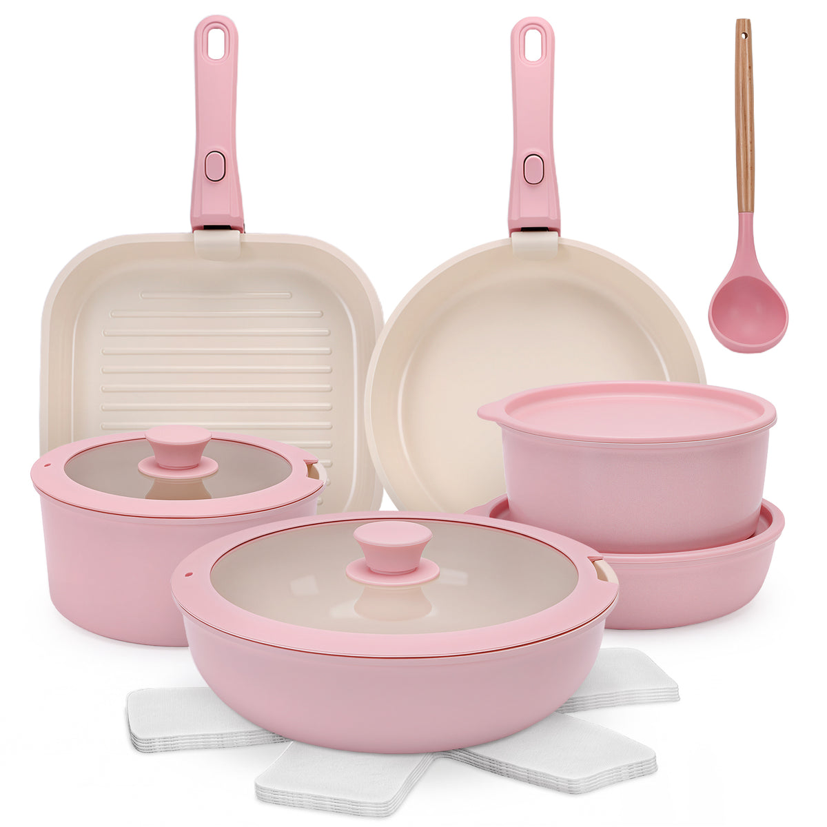 18 Piece Ceramic Pots and Pans Set Non Stick, Cookware Set with Detachable Handles, Oven Safe, Induction Ready, Stackable RV Kitchen Cooking Set, Pink