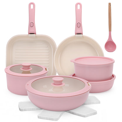 18 Piece Ceramic Pots and Pans Set Non Stick, Cookware Set with Detachable Handles, Oven Safe, Induction Ready, Stackable RV Kitchen Cooking Set, Pink