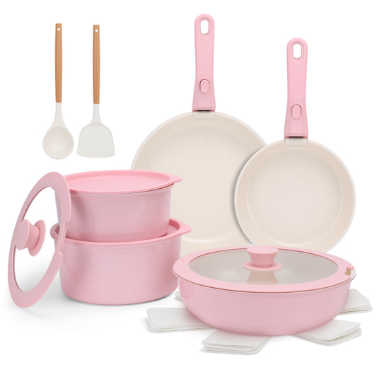 17 Piece Ceramic Pots and Pans Set, Nonstick Cookware Set with Detachable Handles, Oven Safe to 480°F, Induction Compatible, Stackable RV Kitchen Cooking Set, Pink