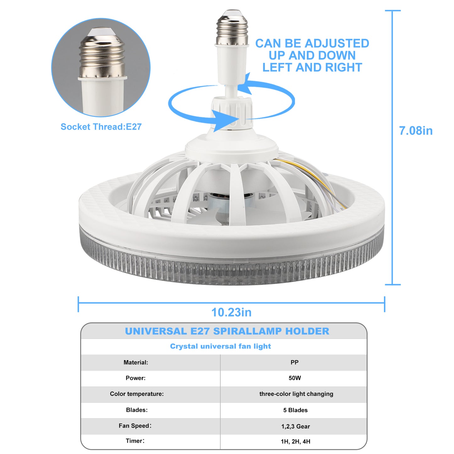 Socket Fan Light with Remote, 3 Speeds Adjustable Modern LED Crystal Ceiling Fan Light for Bedroom Living Room, 5 Blades