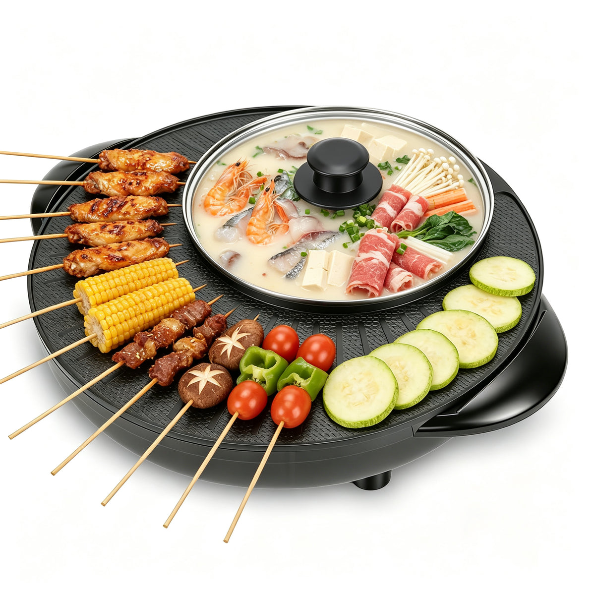2‑in‑1 Electric Hot Pot and Grill Combo, Smokeless Indoor Korean BBQ & Shabu Shabu Pot, Non‑Stick Countertop Cooker 5-Temp Control for Family Dinner Party, Black