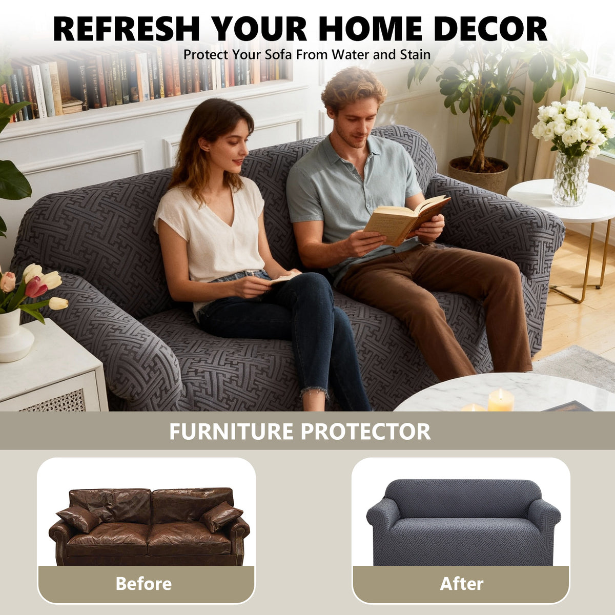 2 Seaters 3D Stretch Sofa Couch Slipcover Furniture Protector, Non Slip Soft Fabric Couch Cover, Gray