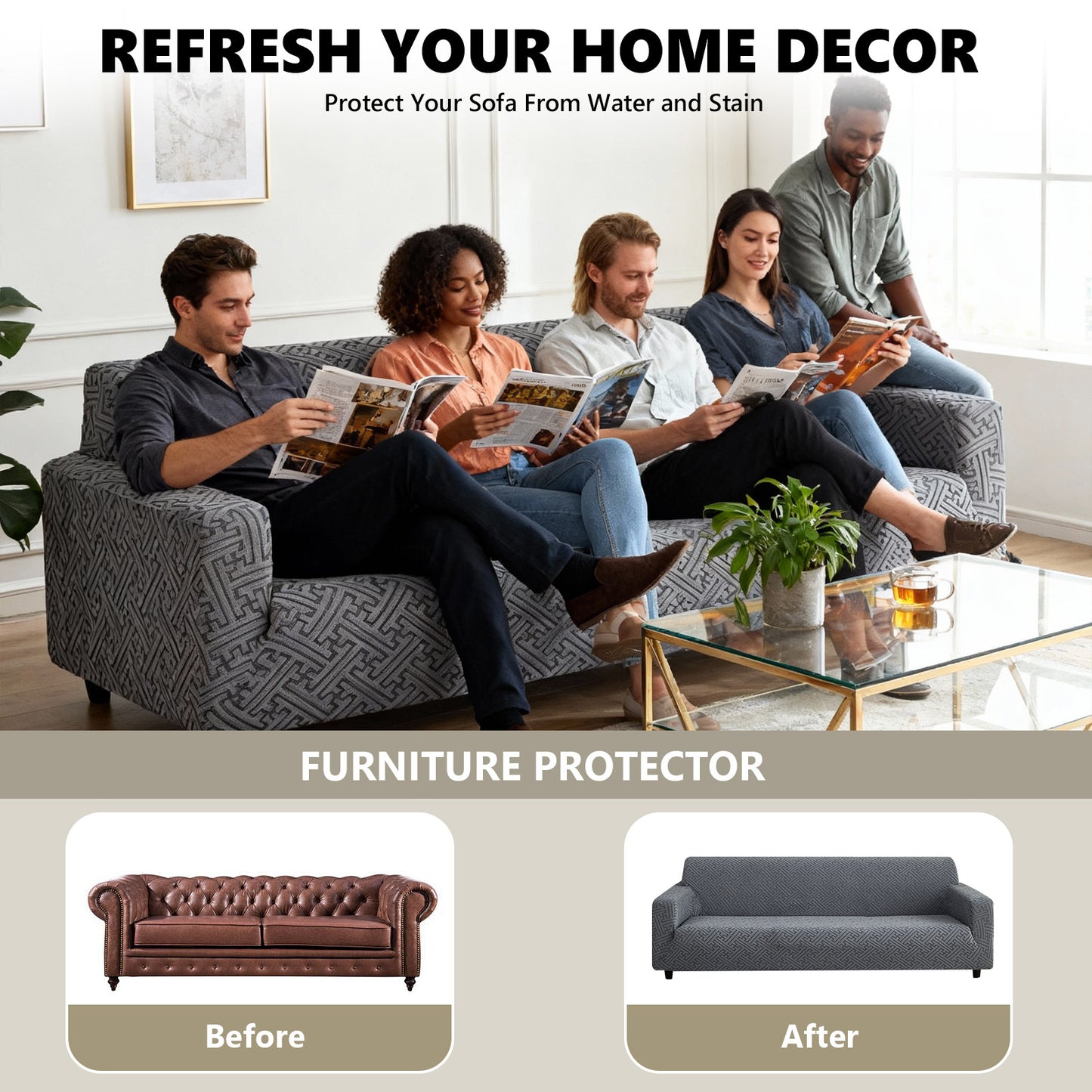 4 Seaters 3D Stretch Sofa Couch Slipcover Furniture Protector, Non Slip Soft Fabric Couch Cover, Gray