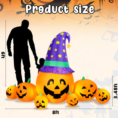 Halloween Inflatables Outdoor, 8FT Long Cute & Lighted Blow Up Decoration Pumpkin Family with Witch Hat, Large Halloween Inflatables Decorations with Lights for Yard, Holiday, Home